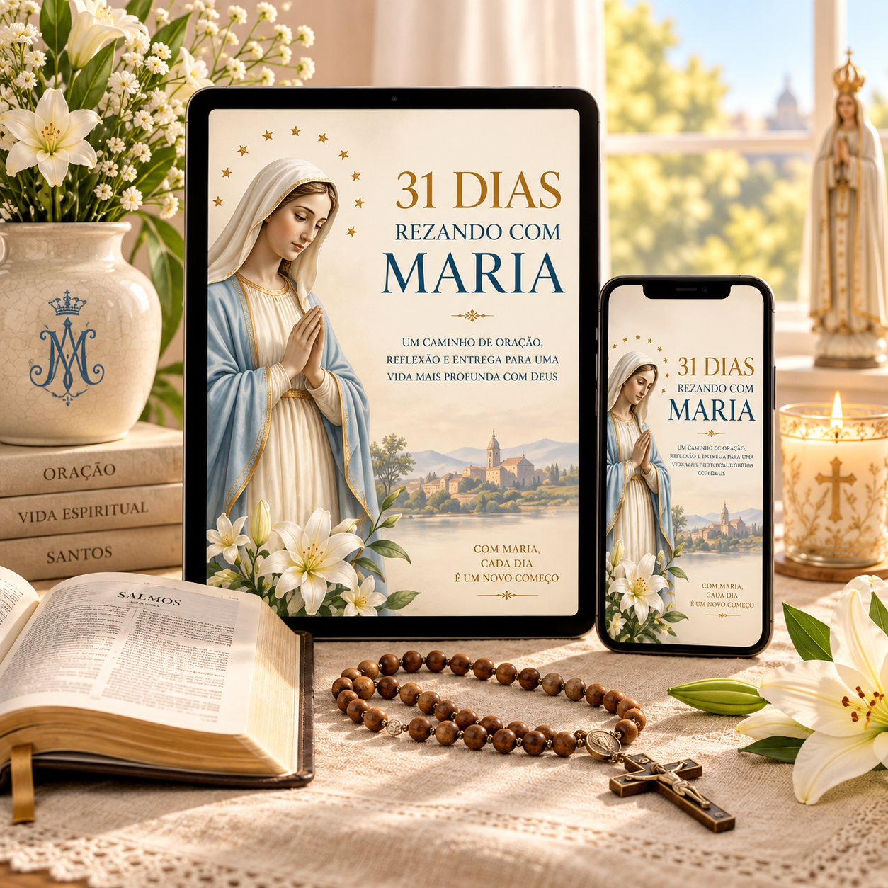 Material 31 Dias Rezando com Maria exibido em tablet e celular, junto a um rosário e uma Bíblia
