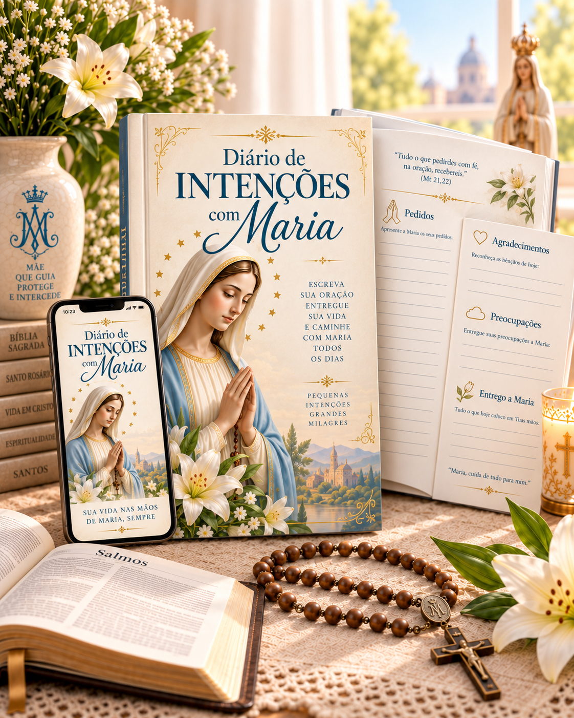 Diário de Intenções com Maria em formato digital e impresso, aberto nas páginas de oração